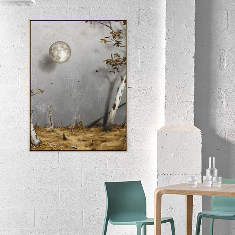 Brehn | Graue Surrealismus Wandkunst Gemälde Mond- und Baumansicht Leinwanddruck für das Arbeitszimmer