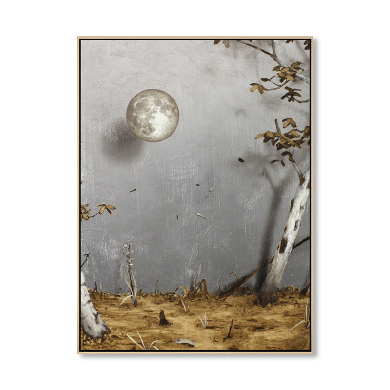 Brehn | Graue Surrealismus Wandkunst Gemälde Mond- und Baumansicht Leinwanddruck für das Arbeitszimmer