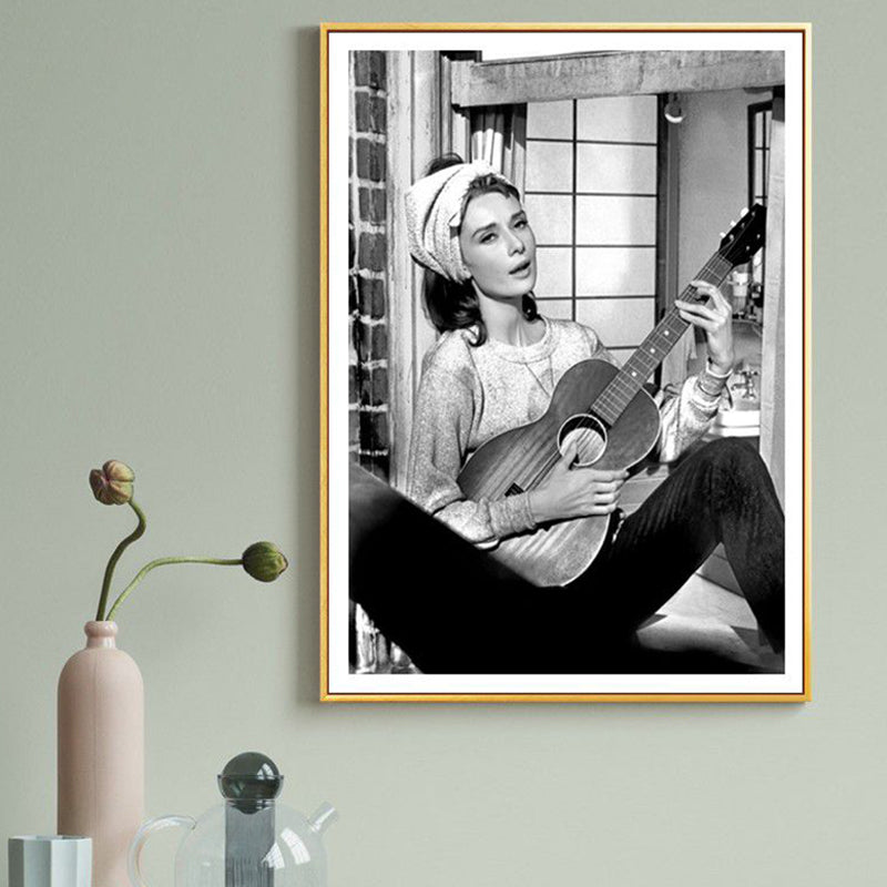 Brehn | Gitarre und Maiden Wandkunst Deko Grau Glam Stil Eingewickelte Leinwand für Mädchenzimmer