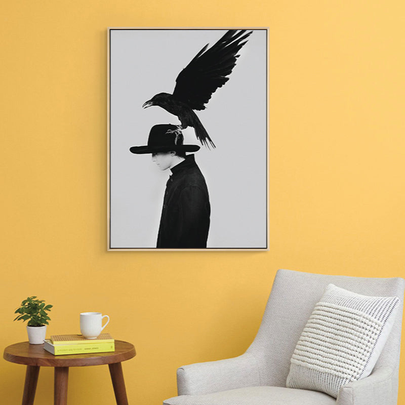 Brehn | Schwarze Mode Leinwand Kunstfotografie Krähe und Frau Retro Texturiertes Wanddekor für Raum
