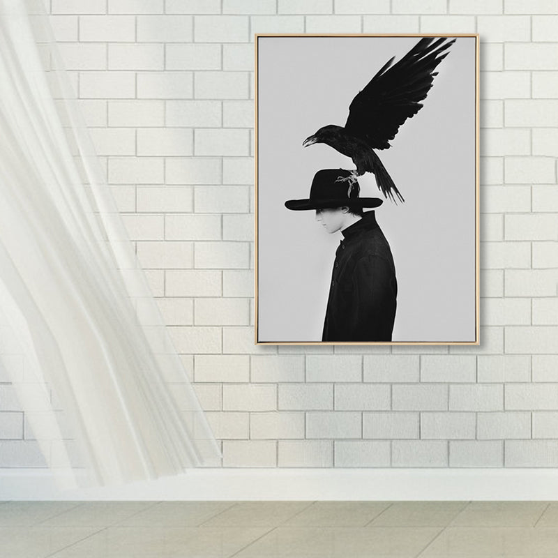 Brehn | Schwarze Mode Leinwand Kunstfotografie Krähe und Frau Retro Texturiertes Wanddekor für Raum