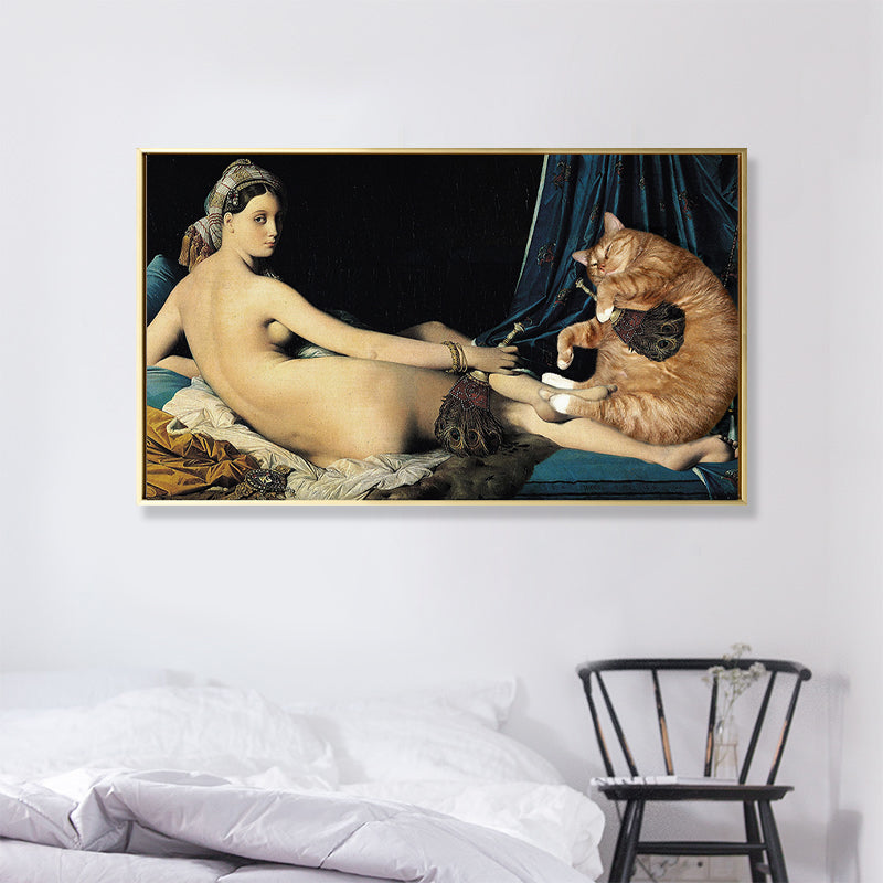 Brehn | Katze und Nackte Frauen Kunstdruck Funky Texturierte Wohnzimmer Leinwand in Gelb, Mehrere Größen