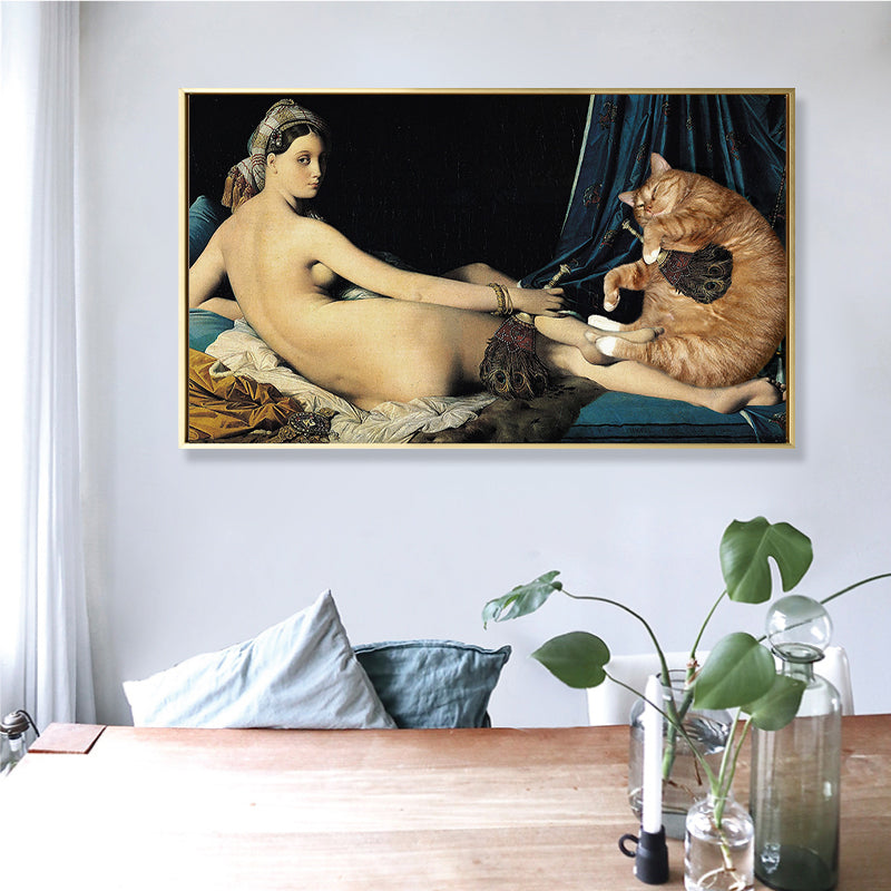 Brehn | Katze und Nackte Frauen Kunstdruck Funky Texturierte Wohnzimmer Leinwand in Gelb, Mehrere Größen