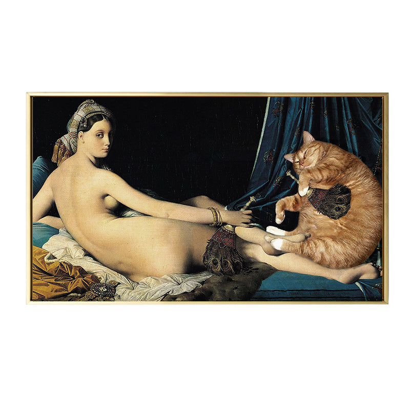 Brehn | Katze und Nackte Frauen Kunstdruck Funky Texturierte Wohnzimmer Leinwand in Gelb, Mehrere Größen