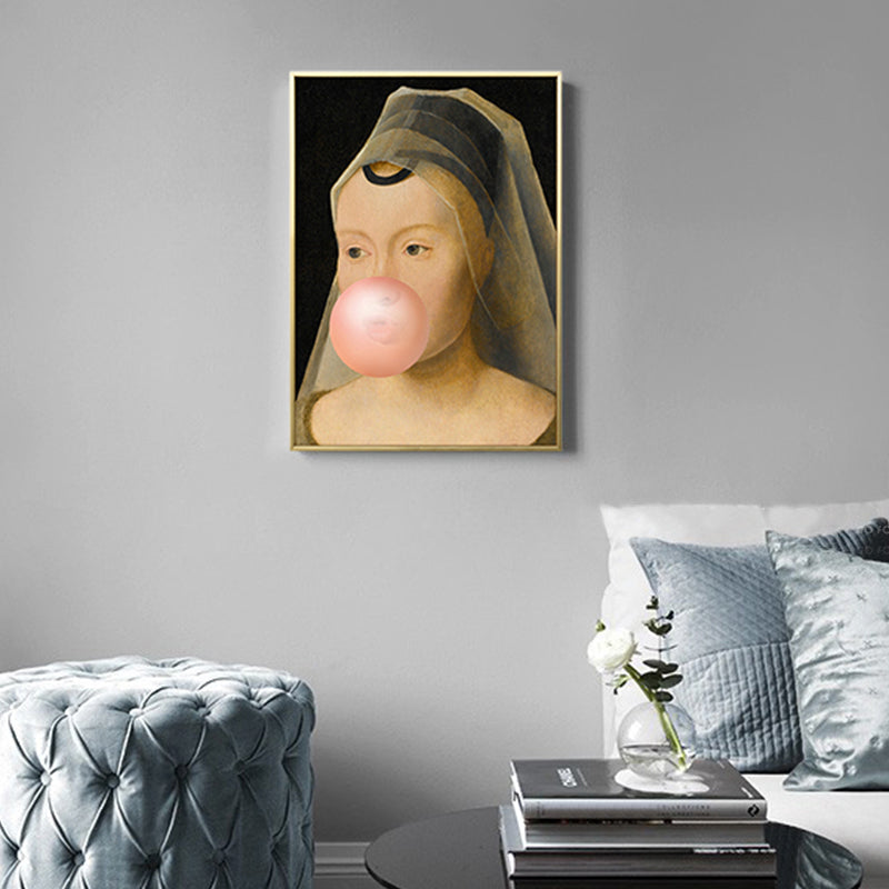 Brehn | Braunes Pop Art Leinwanddruck Gemälde Dame mit Kaugummi Wanddekoration fürs Jungenzimmer