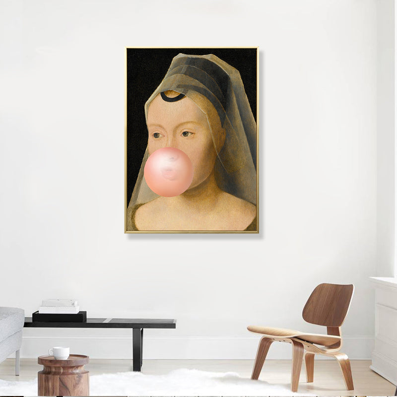 Brehn | Braunes Pop Art Leinwanddruck Gemälde Dame mit Kaugummi Wanddekoration fürs Jungenzimmer