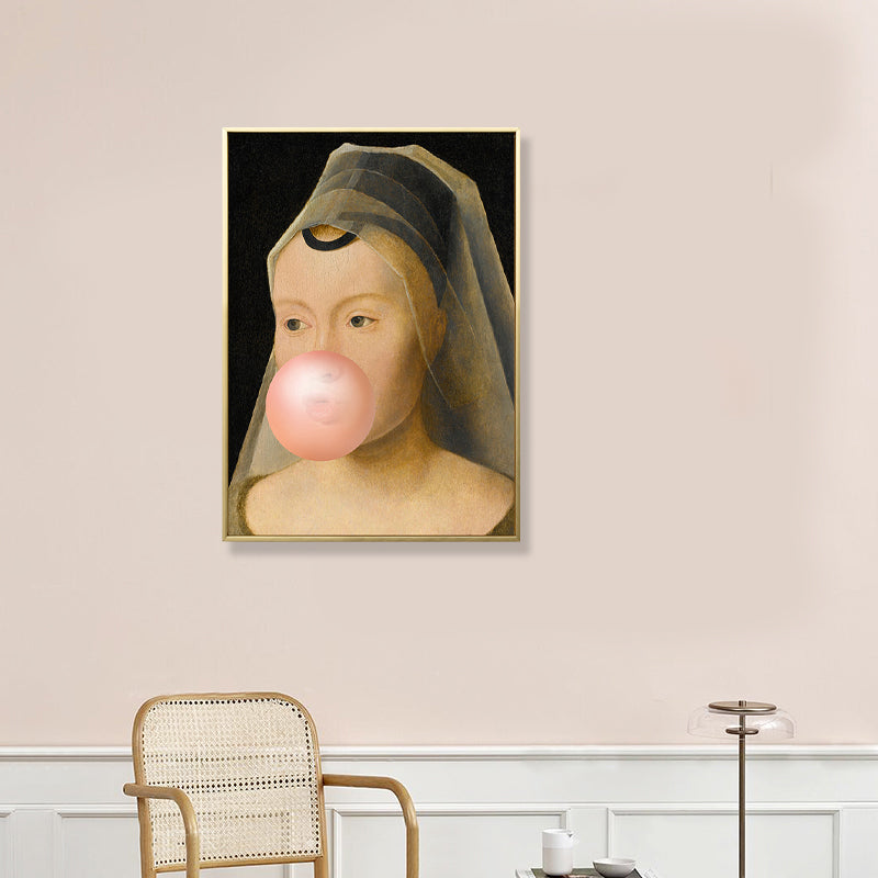 Brehn | Braunes Pop Art Leinwanddruck Gemälde Dame mit Kaugummi Wanddekoration fürs Jungenzimmer