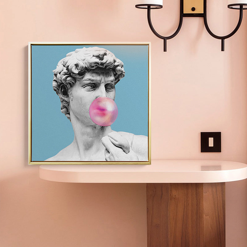Brehn | Blaue Funky Leinwand Wandkunst Mischtechnik Männliche griechische Statue Wanddekoration für das Wohnzimmer