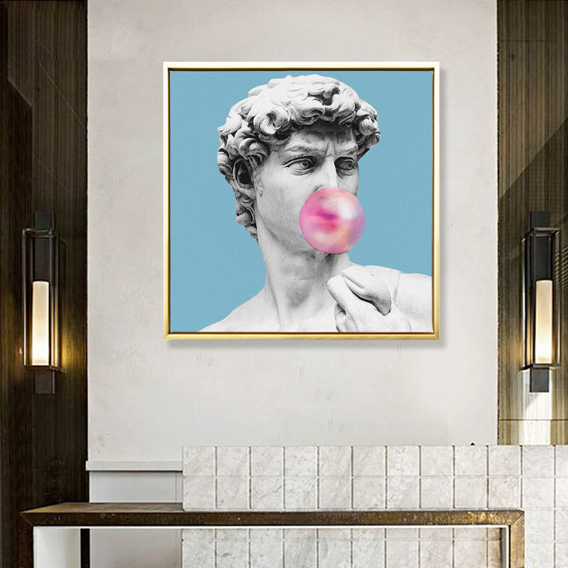 Brehn | Blaue Funky Leinwand Wandkunst Mischtechnik Männliche griechische Statue Wanddekoration für das Wohnzimmer