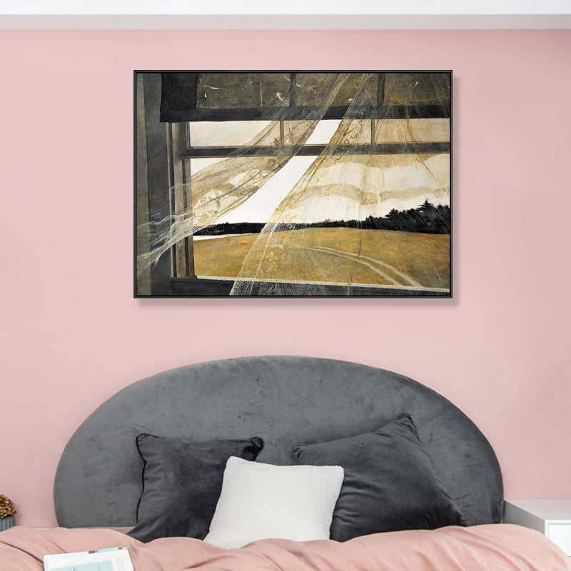 Brehn | Malerei Pop Art Wanddekoration mit Graslandschaft vor dem Fenster in Braun für die Küche