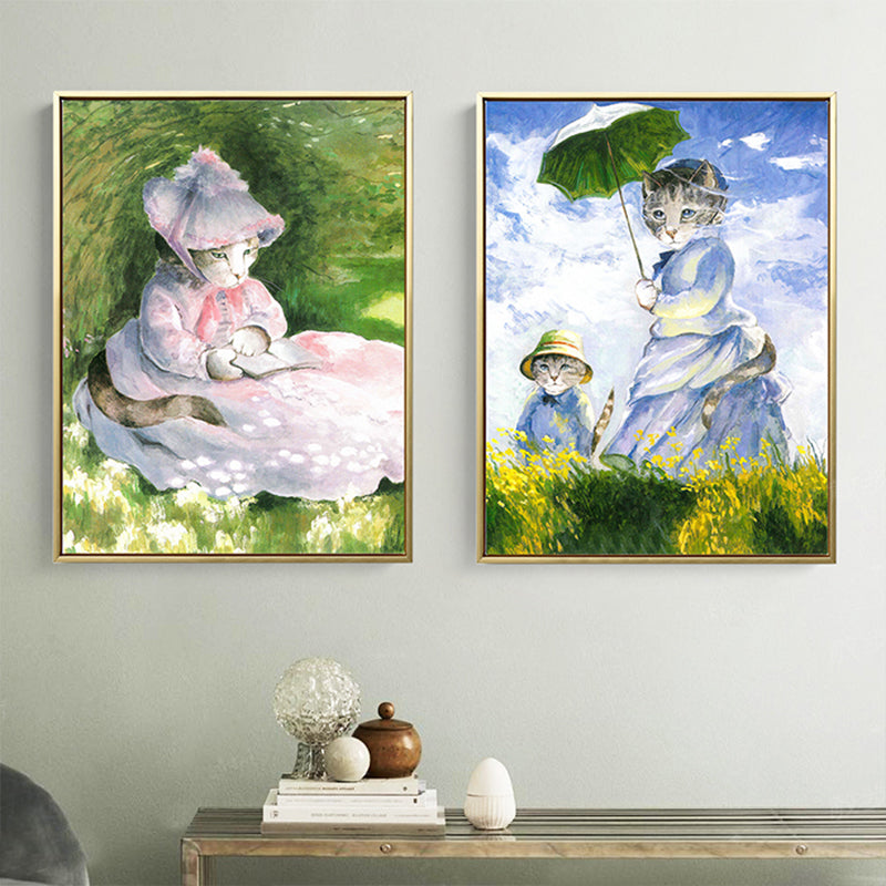 Brehn | Funky Spoof Monet Malerei Leinwand Pastell Katze Mädchen Wandkunst Druck für Esszimmer