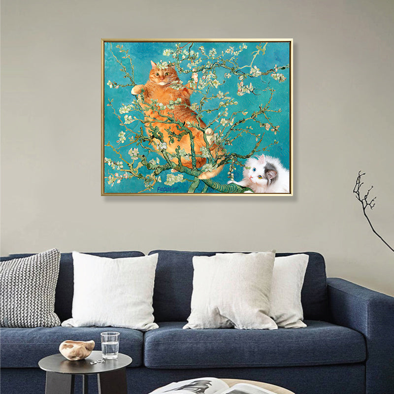Brehn | Gelbe Katze im Zweig Leinwandkunst Nordic Stil Texturiert Mädchen Schlafzimmer Wanddekoration in Blau