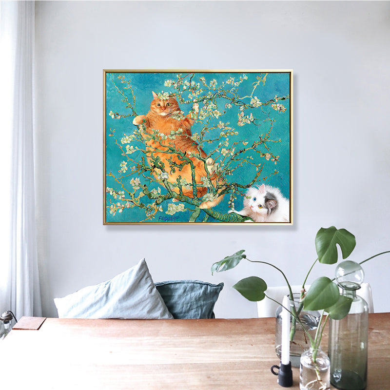 Brehn | Gelbe Katze im Zweig Leinwandkunst Nordic Stil Texturiert Mädchen Schlafzimmer Wanddekoration in Blau