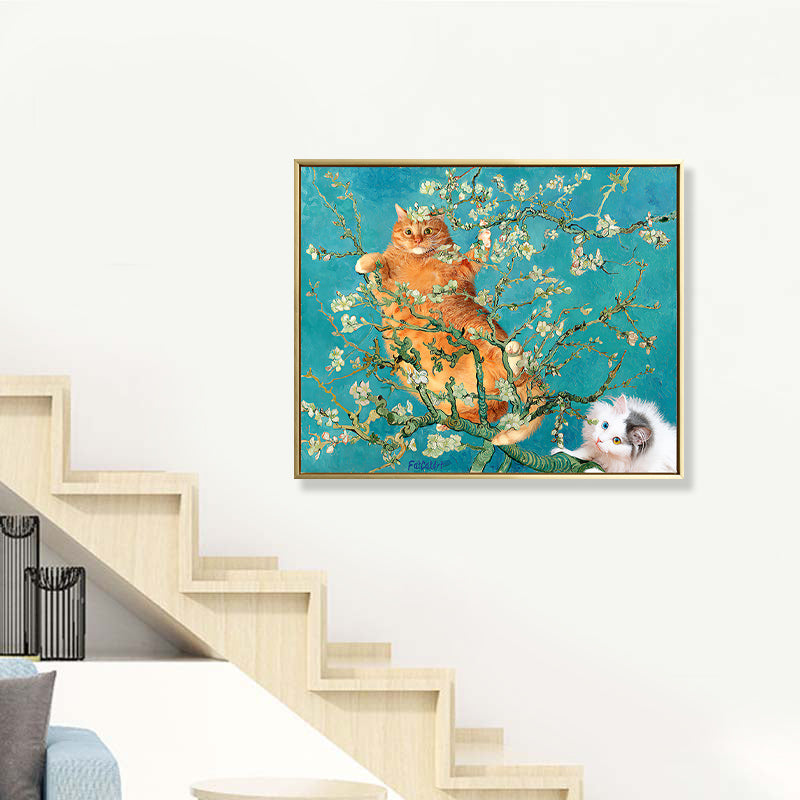 Brehn | Gelbe Katze im Zweig Leinwandkunst Nordic Stil Texturiert Mädchen Schlafzimmer Wanddekoration in Blau