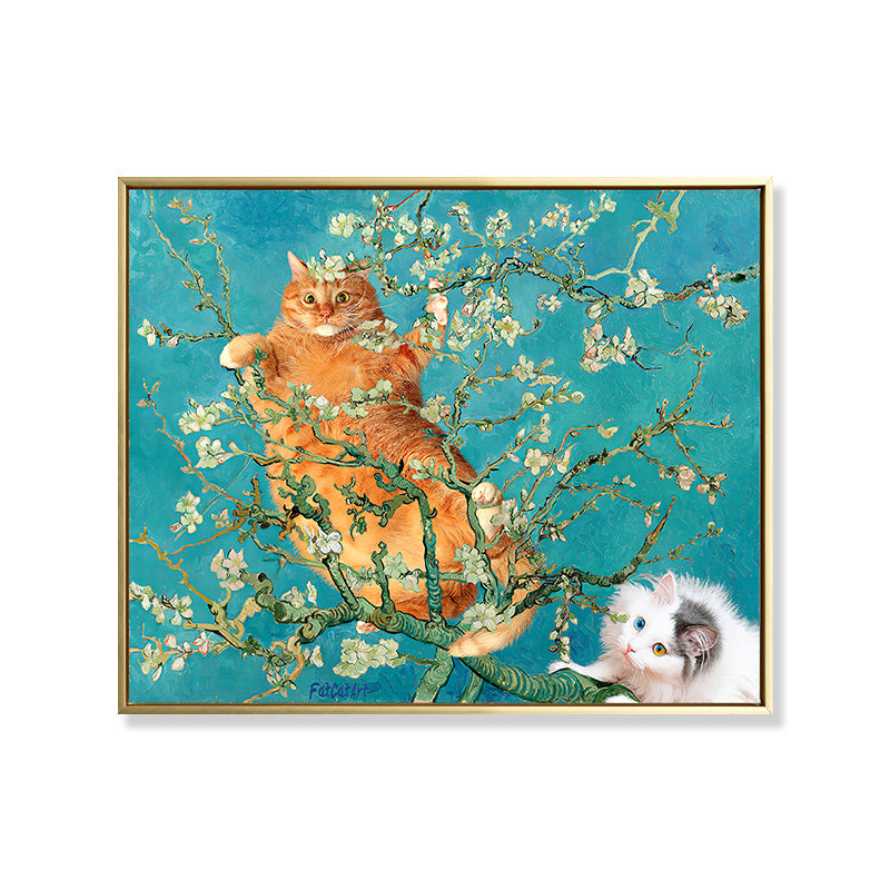 Brehn | Gelbe Katze im Zweig Leinwandkunst Nordic Stil Texturiert Mädchen Schlafzimmer Wanddekoration in Blau
