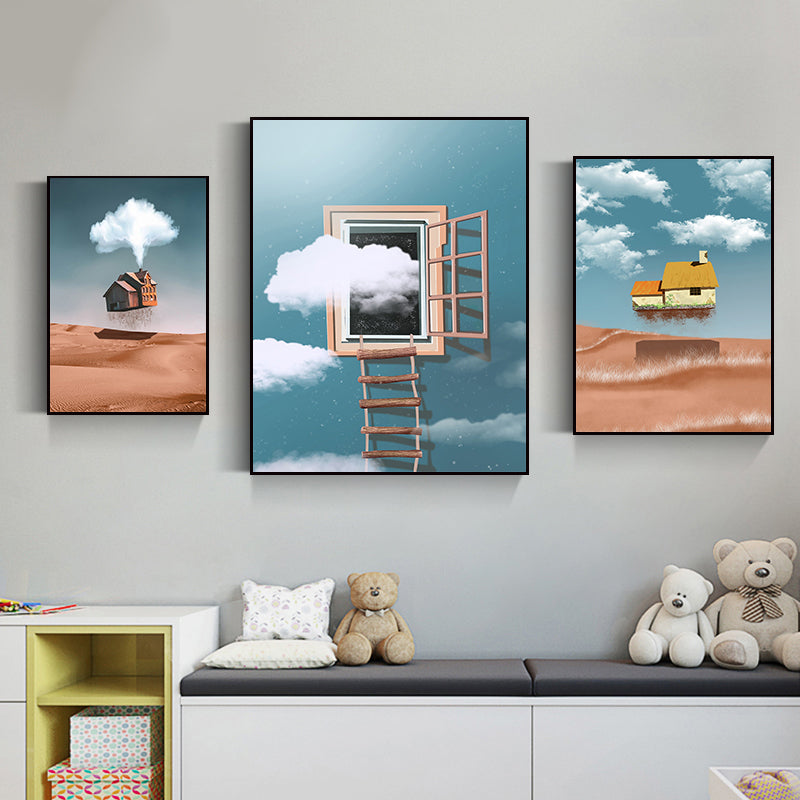 Brehn | Hausbauansicht Leinwand Surrealismus Stil Texturiertes Wandkunst Dekor in Helligkeit Farbe