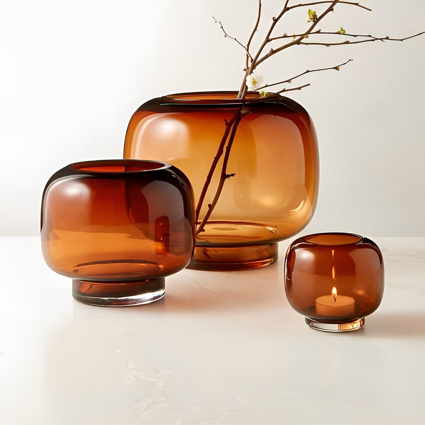 Handvase aus Glas von Brehnown – minimalistisch und dekorativ | Transparenter Innenraum für Blumen, Hydrokultur und moderne Pflanzen in Bernstein