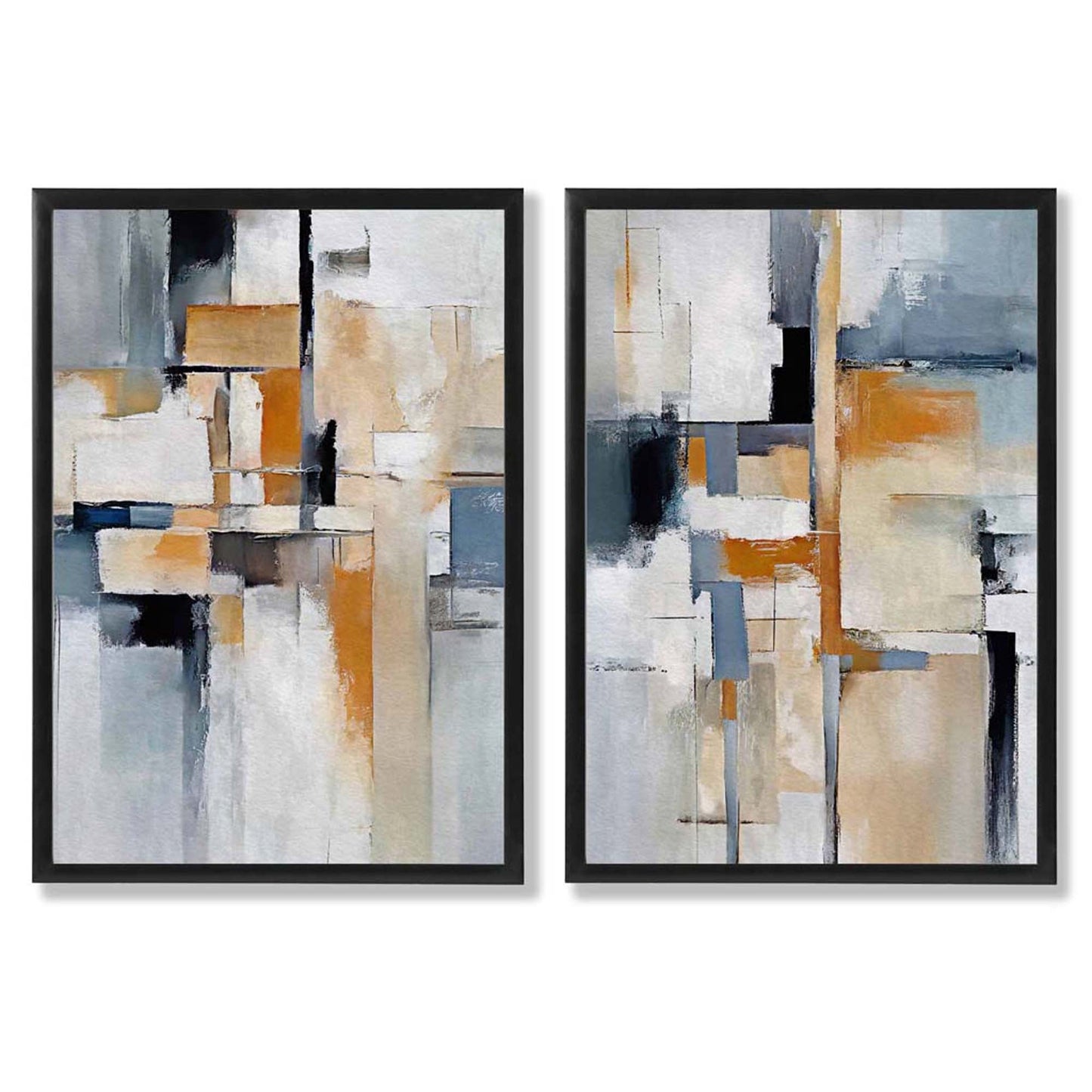 Abstraktes Set aus 2 gerahmten Kunstdrucken in Blau und Orange