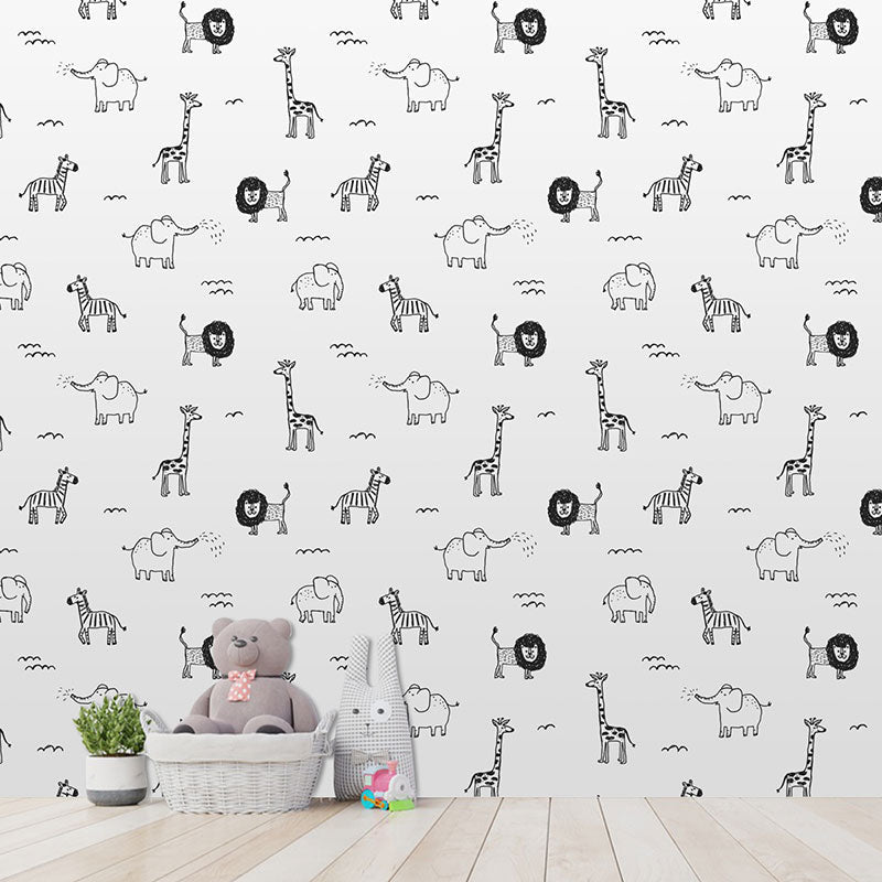 Brehn | Moderne Wandbekleding Grijs en Witte Giraffe en Olifant Behangrol, 29,1 vierkante voet.