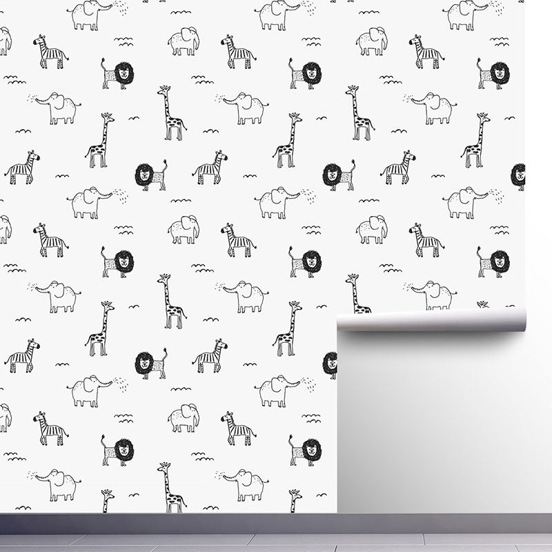 Brehn | Moderne Wandbekleding Grijs en Witte Giraffe en Olifant Behangrol, 29,1 vierkante voet.