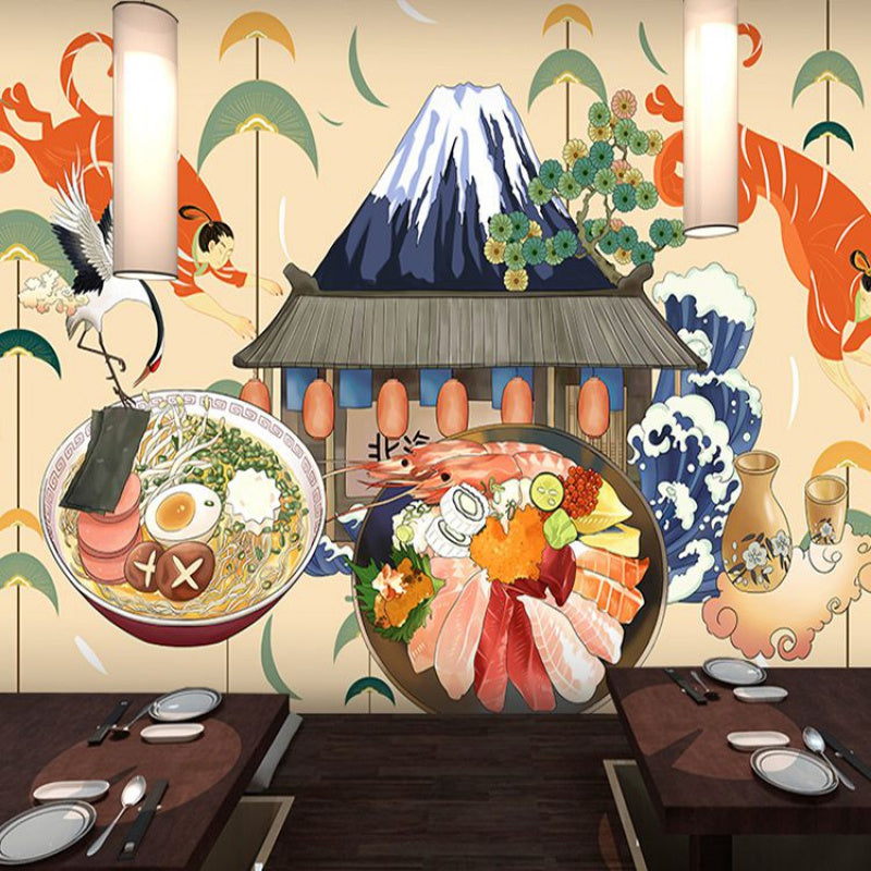 Brehn | Giant Illustration Sushi Wanddecoratie voor Japans Restaurant in Beige, Maatwerk