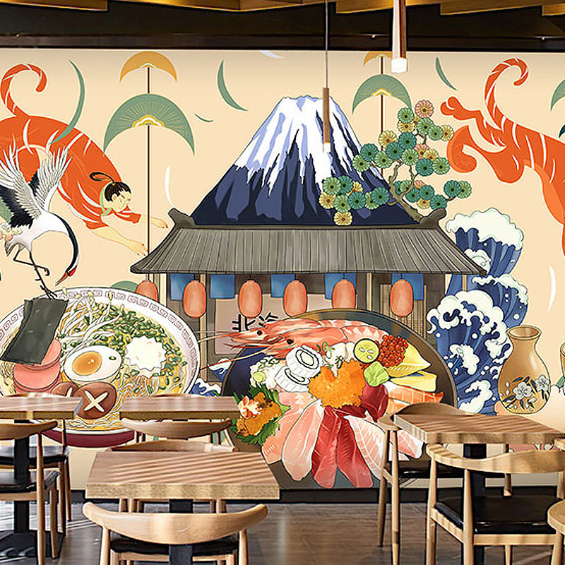 Brehn | Giant Illustration Sushi Wanddecoratie voor Japans Restaurant in Beige, Maatwerk