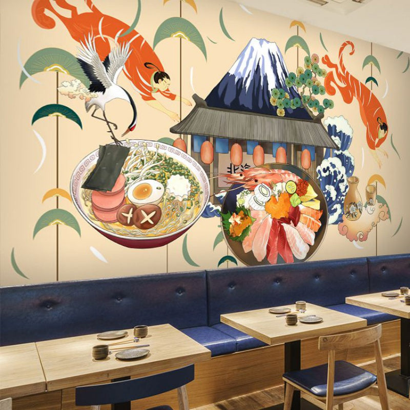 Brehn | Giant Illustration Sushi Wanddecoratie voor Japans Restaurant in Beige, Maatwerk