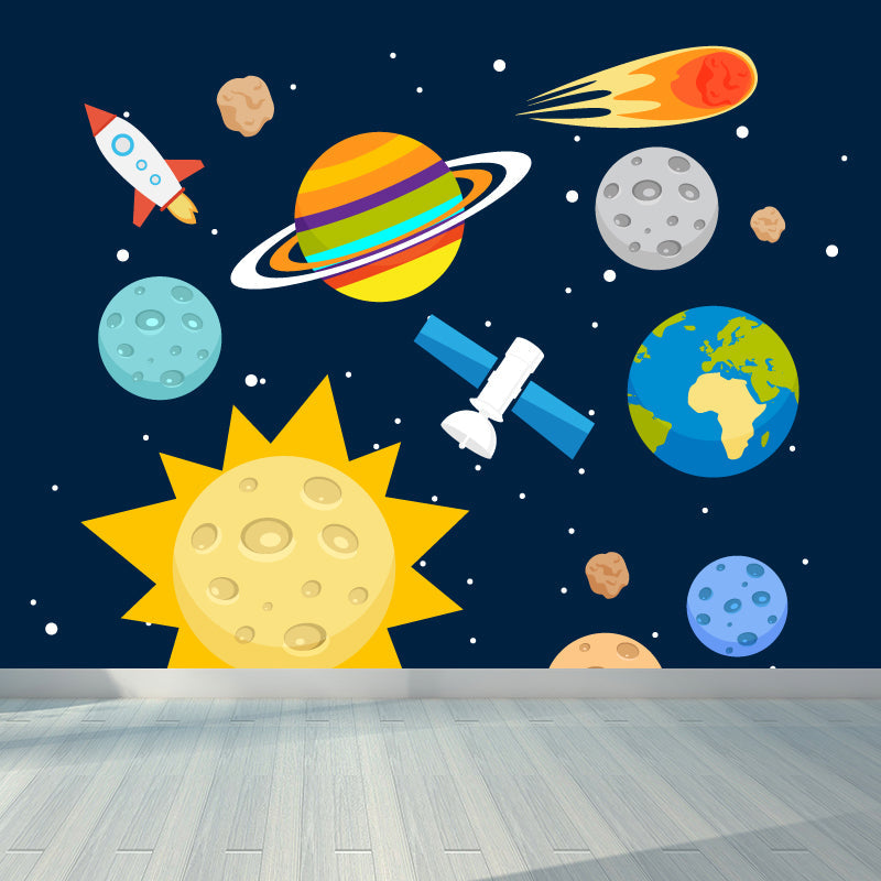 Brehn | Astronomie Buitenruimte Muur Decal Kids Stijl Niet-geweven Stof Wanddecoratie in Donkere Kleur