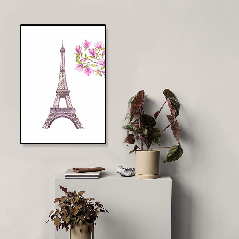 Brehn | Illustration Landmark Wandkunst Modern Atemberaubender Eiffelturm und Blütenleinwand in Pink
