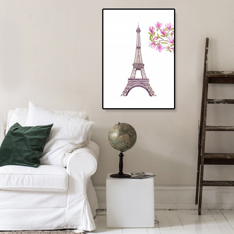 Brehn | Illustration Landmark Wandkunst Modern Atemberaubender Eiffelturm und Blütenleinwand in Pink
