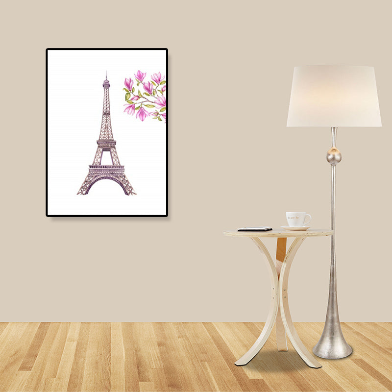 Brehn | Illustration Landmark Wandkunst Modern Atemberaubender Eiffelturm und Blütenleinwand in Pink