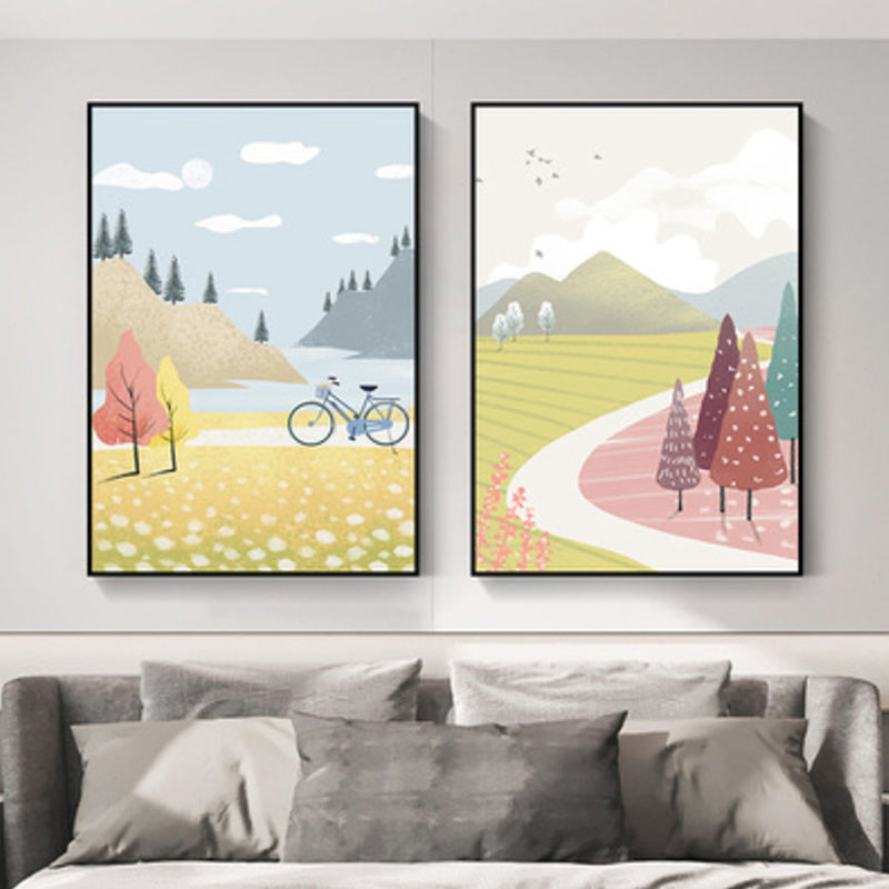 Brehn | Gelbe Frühlingslandschaft Leinwandkunst Landschaft Nordischer Texturierter Wanddekoration für das Schlafzimmer
