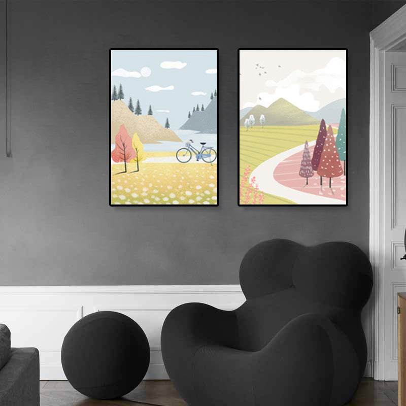 Brehn | Gelbe Frühlingslandschaft Leinwandkunst Landschaft Nordischer Texturierter Wanddekoration für das Schlafzimmer