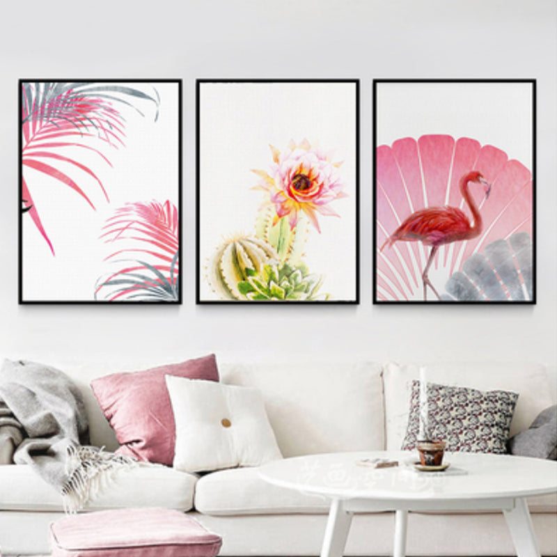 Brehn | Tropix Blumen- und Flamingo-Kunstdruck Leinwand Texturiert Rosa Wanddekoration für Zuhause, Set von 3
