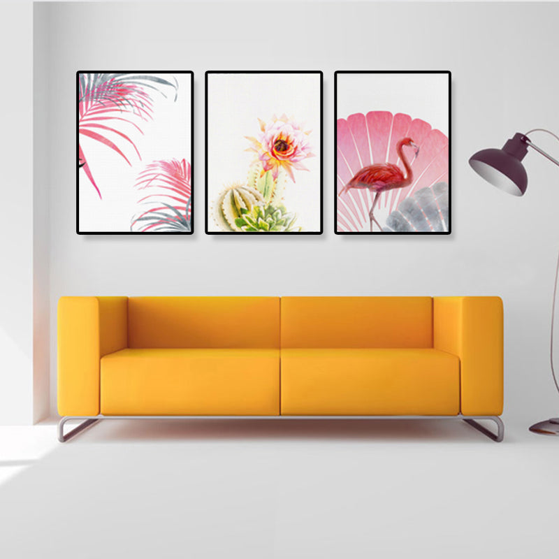 Brehn | Tropix Blumen- und Flamingo-Kunstdruck Leinwand Texturiert Rosa Wanddekoration für Zuhause, Set von 3