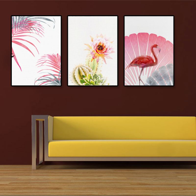 Brehn | Tropix Blumen- und Flamingo-Kunstdruck Leinwand Texturiert Rosa Wanddekoration für Zuhause, Set von 3