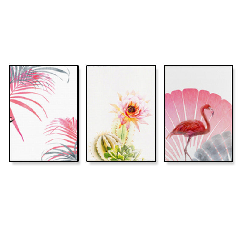 Brehn | Tropix Blumen- und Flamingo-Kunstdruck Leinwand Texturiert Rosa Wanddekoration für Zuhause, Set von 3