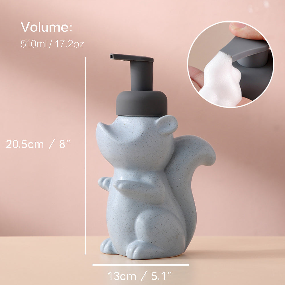 Brehn | Keramischer Seifenspender, Eichhörnchen Schaum-Pumpen Badezimmerflasche, Tierdesign, nachfüllbare wiederverwendbare Lotion-Pumpe für Badezimmer Küche, 510ml/17,2oz