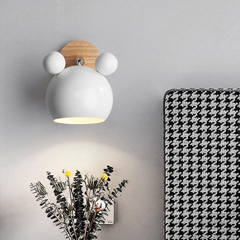 Bär/Glocke Rotierende Wandmontierte Lampe Macaron Eisen 1-Kopf Nachttisch Lese Wandlicht in Weiß/Rosa/Grün und Holz | Brehn
