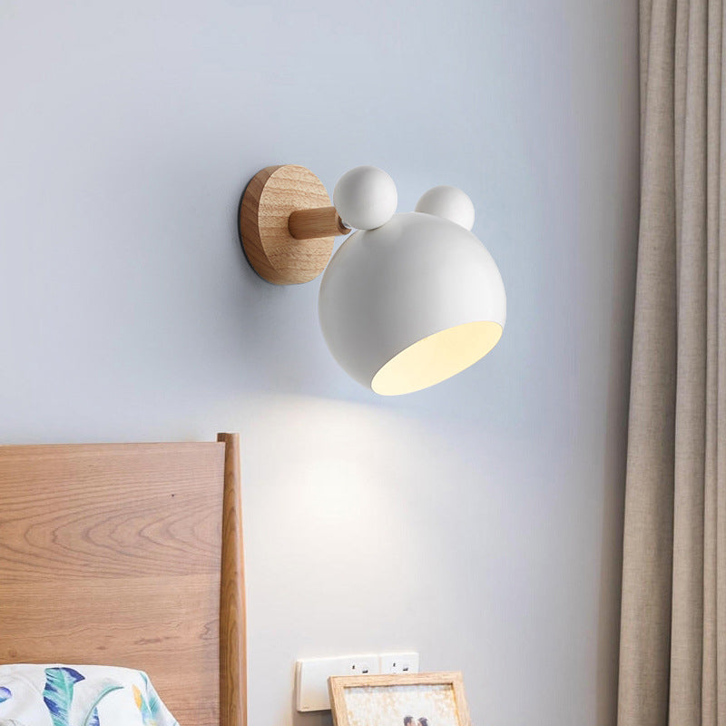 Bär/Glocke Rotierende Wandmontierte Lampe Macaron Eisen 1-Kopf Nachttisch Lese Wandlicht in Weiß/Rosa/Grün und Holz | Brehn