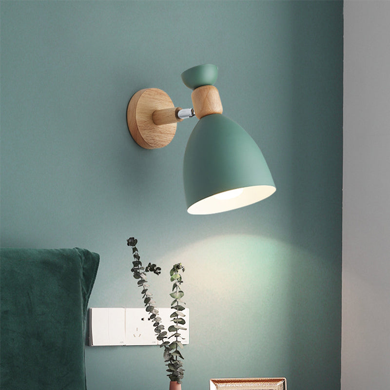 Bär/Glocke Rotierende Wandmontierte Lampe Macaron Eisen 1-Kopf Nachttisch Lese Wandlicht in Weiß/Rosa/Grün und Holz | Brehn