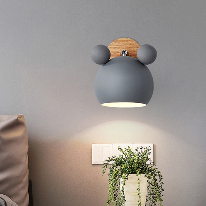 Bär/Glocke Rotierende Wandmontierte Lampe Macaron Eisen 1-Kopf Nachttisch Lese Wandlicht in Weiß/Rosa/Grün und Holz | Brehn