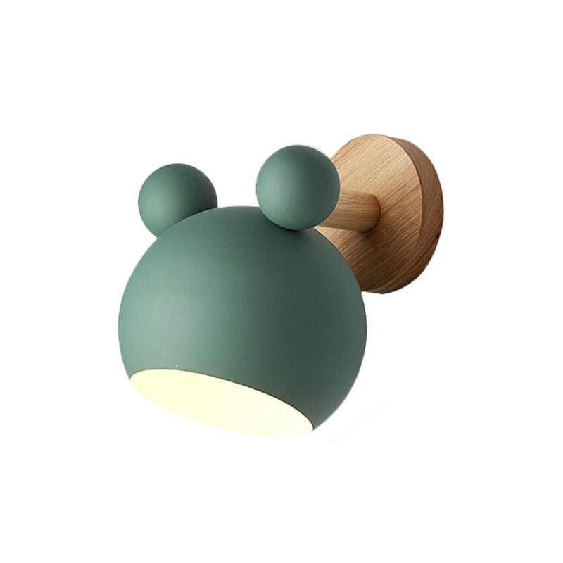 Bär/Glocke Rotierende Wandmontierte Lampe Macaron Eisen 1-Kopf Nachttisch Lese Wandlicht in Weiß/Rosa/Grün und Holz | Brehn
