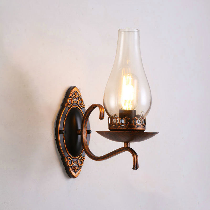 Einzelarm Wandleuchte Industrielle Flur-Wandleuchte mit Kerosin Klar/Mattem Glas-Schirm in Kupfer/Bronce