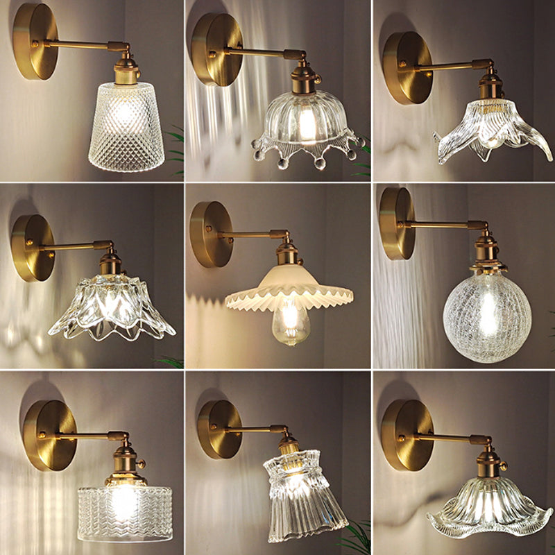 Eisen Messing-Finish Wandleseleuchte Schwenkarm 1-Licht Industrielle Wandlampe mit Blüte/Schale Klarglas-Schirm | Brehn