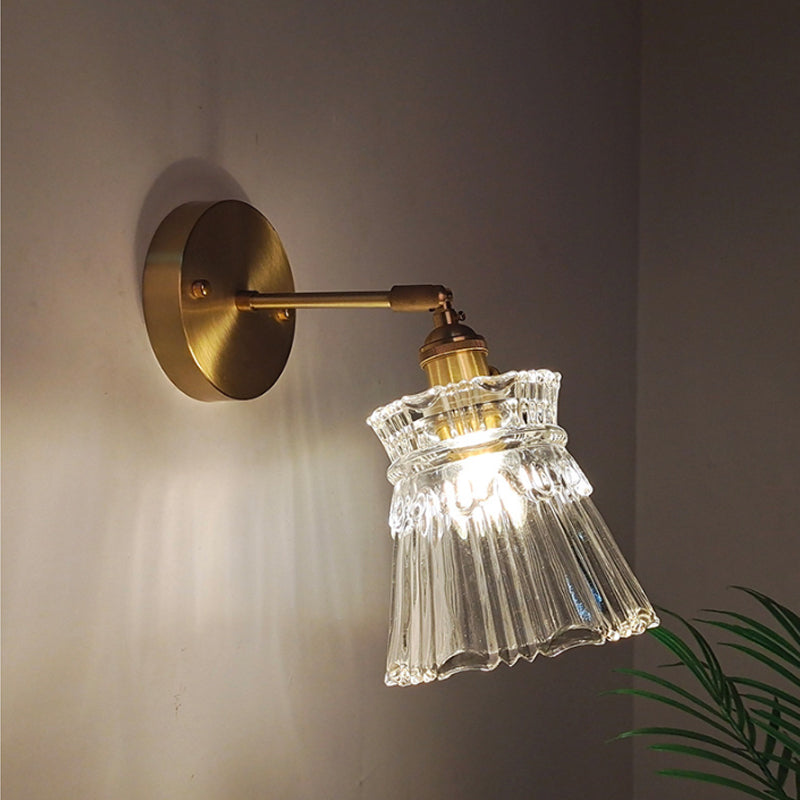 Eisen Messing-Finish Wandleseleuchte Schwenkarm 1-Licht Industrielle Wandlampe mit Blüte/Schale Klarglas-Schirm | Brehn