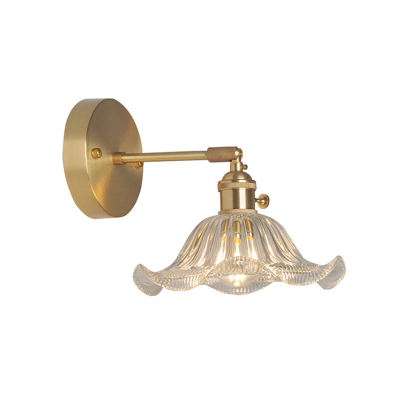 Eisen Messing-Finish Wandleseleuchte Schwenkarm 1-Licht Industrielle Wandlampe mit Blüte/Schale Klarglas-Schirm | Brehn