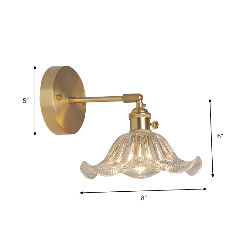 Eisen Messing-Finish Wandleseleuchte Schwenkarm 1-Licht Industrielle Wandlampe mit Blüte/Schale Klarglas-Schirm | Brehn