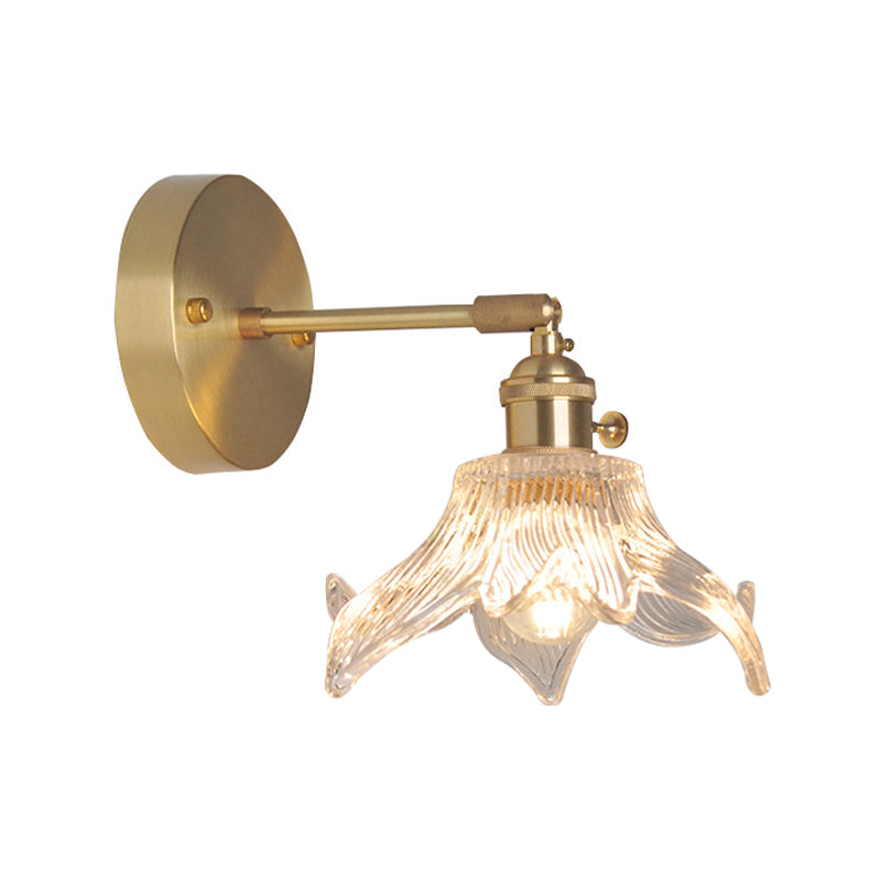 Eisen Messing-Finish Wandleseleuchte Schwenkarm 1-Licht Industrielle Wandlampe mit Blüte/Schale Klarglas-Schirm | Brehn