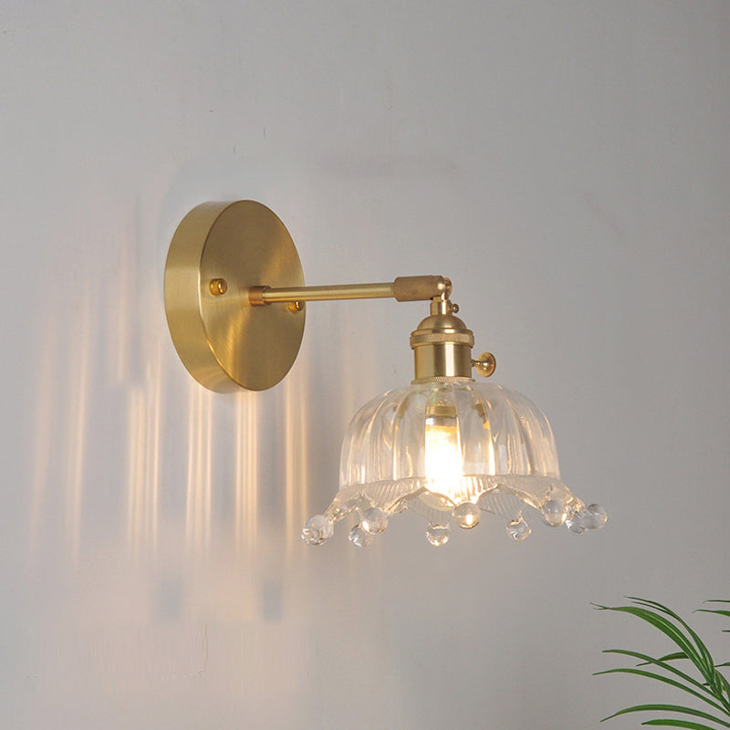 Eisen Messing-Finish Wandleseleuchte Schwenkarm 1-Licht Industrielle Wandlampe mit Blüte/Schale Klarglas-Schirm | Brehn